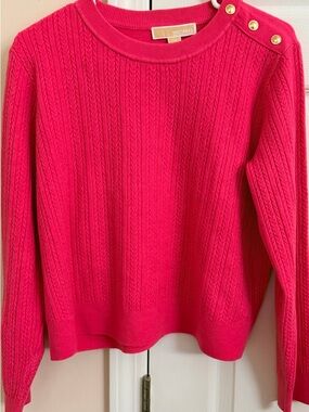 Michael Kors Hot Pink Cable Knit Crew Sweater with Gold Shoulder Buttons